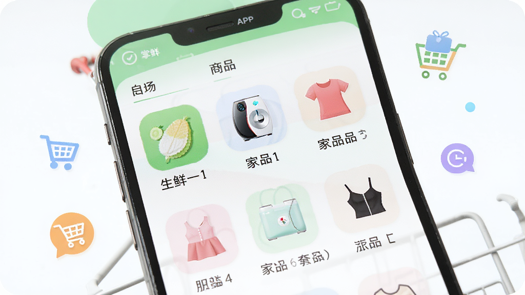 ���б���APP��Ʒ����ҳ�棬����չʾ�ֻ���Ļ�����ʡ��ҵ硢���εȷ���ͼ���������У������й��ﳵ��Сͼ���׺������������������ʸɾ��޶���Ԫ��