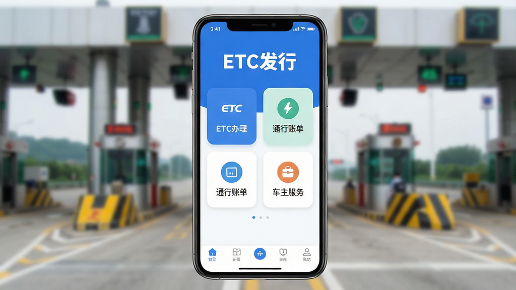 һ���ֻ�Ӧ�ý���չʾͼ�����������ǡ�ETC���С�App����ҳ�������Ǹ��ٹ�·�շ�վ��ʵ���黯���棬����Ϊ�ֻ���Ļ����ʾETC������ڡ�ͨ���˵��ͳ�������ͼ�꣬���ֲ������½ṹ���Ϸ�����Ŀ�ġ�ETC���С����ֱ�ʶ���м��ǹ��ܿ�Ƭʽ���У��ײ��ǵ����������Ϊ�ִ���ƽ����ƣ�ϸ��Բ�󣬻��������ɾ����޶���Ԫ��
