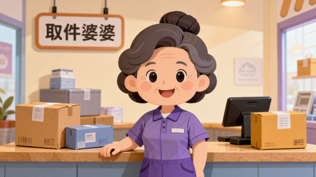 画面中央是一个卡通形象的婆婆角色,面带微笑,身穿紫色工作服,站在一个整洁的快递驿站柜台前,柜台上整齐摆放着大小不一的快递包裹,背景是明亮的室内环境,墙上挂着写有“取件婆婆”字样的招牌,整体布局居中,风格温馨扁平化,细节圆润,色彩以紫色和暖黄色为主,画质干净清晰,无多余元素