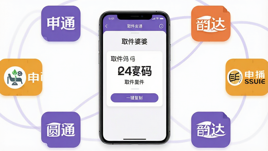 画面主体是一部智能手机,屏幕中央显示“取件婆婆”App界面,界面内有一个醒目的取件码卡片,旁边有“一键复制”按钮,手机周围环绕着中通、圆通、韵达、申通等快递公司的logo图标,布局为手机居中,图标环绕四周,风格现代扁平,色彩以紫色和白色为主,细节简洁,画质清晰,无多余元素