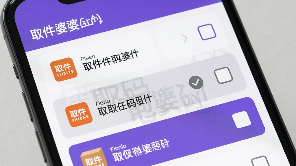 画面是一部手机屏幕特写,屏幕上是“取件婆婆”的包裹列表界面,列表中显示多个包裹条目,每个条目有快递公司图标、取件码和勾选框,已取件的条目显示为灰色并打勾,未取件的为紫色高亮,布局为列表垂直排列,风格清爽扁平,色彩以白色底色和紫色点缀为主,细节清晰,画质干净,无多余元素
