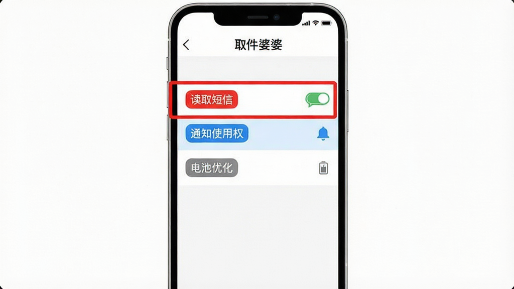 画面是一部手机屏幕截图风格的示意图,屏幕中央显示“取件婆婆”App的权限设置界面,用红色高亮标注“读取短信”权限,用蓝色高亮标注“通知使用权”,用灰色标注“电池优化”,界面布局为垂直列表,风格简洁扁平,色彩以白色底色和彩色高亮标签为主,细节清晰,画质干净,无多余元素