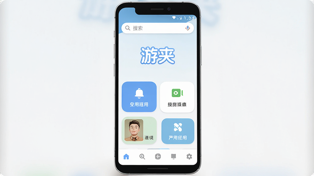 �μ� Ӧ��������չʾ��������һ�����İ�׿�ֻ���Ļ����Ļ������ʾ���μС�����Logo�ͼ�������ͼ�갴ť�����ֲ������½ṹ���Ϸ������������м��ǹ��ܿ�Ƭ�����·��ǵ��������Ű����룬����ִ���ƽ����ϸ��Բ�󣬻��ʸɾ��������޶���Ԫ��