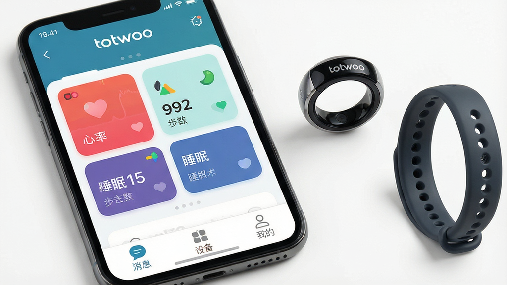 һ��չʾtotwoo���ܴ����豸���ֻ�App����ĳ���ͼ������Ϊһ���ֻ���Ļ��ʾtotwooӦ�������棬���沼��Ϊ�����豸����״̬�����м������ʡ�������˯�߿�Ƭʽ����չʾ���ײ�Ϊ��Ϣ���豸���ҵ�����ѡ����Ű����������Ϊ�ִ���ƽ����ƣ�ϸ�����ֻ��Ա߷���һötotwoo���ܽ�ָ��һ�����������ʸɾ����޶���Ԫ�أ�����ʹ�����ı�ע��totwoo����