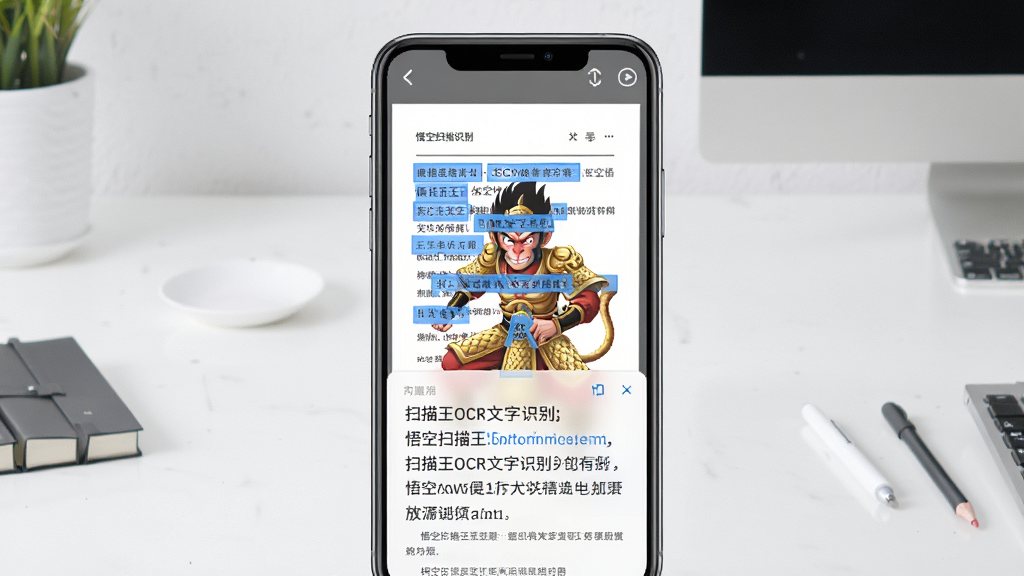 һ��չʾ���ɨ����OCR����ʶ���ܵ�ͼƬ�������������ֻ���Ļ����Ļ����ʾһ��ɨ��õ�ֽ���ĵ�ͼƬ��ͼƬ�ϵ����ֱ���ɫ������ѡ����Ļ�·�����ʶ����Ŀɱ༭�ı����ݣ������Ǽ����������������岼������ֱ�ۣ�����ִ��Ƽ��У����ʸɾ��������޶���Ԫ�ء�