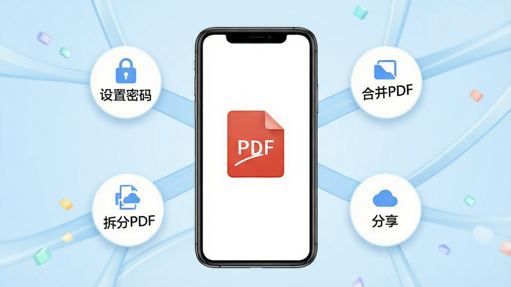 һ��չʾ���ɨ����PDF������������ܵ�ͼƬ�������������ֻ���Ļ����Ļ����ʾһ��PDF�ļ�ͼ�꣬��Χ�����š��������롱�����ϲ�PDF���������PDF��������������Բ�ι��ܰ�ť�������ǵ���ɫ���䣬���岼��Χ�����ķ�ɢ����������죬���ʸɾ��������޶���Ԫ�ء�