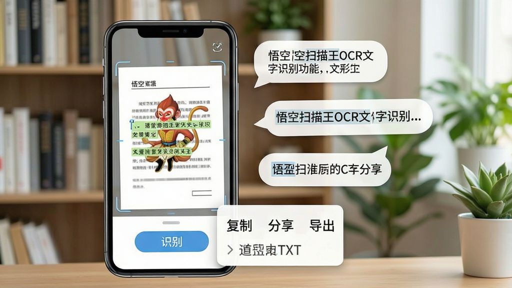 һ��չʾ���ɨ����OCR����ʶ���ܵ�ʾ��ͼ���������ֻ���Ļ����ʾһ��ɨ��õ�ֽ���ĵ�ͼƬ��ͼƬ�·���һ��ʶ��ť����������ֱ�����ѡ�в��������ơ�����������TXT��ѡ��˵����ֻ��Ա�Ư���ż�������������ʾʶ����������Ķ��䣬�������鷿����������ܺ���ֲ�����������Ȼ�����ʸɾ����޶���Ԫ��