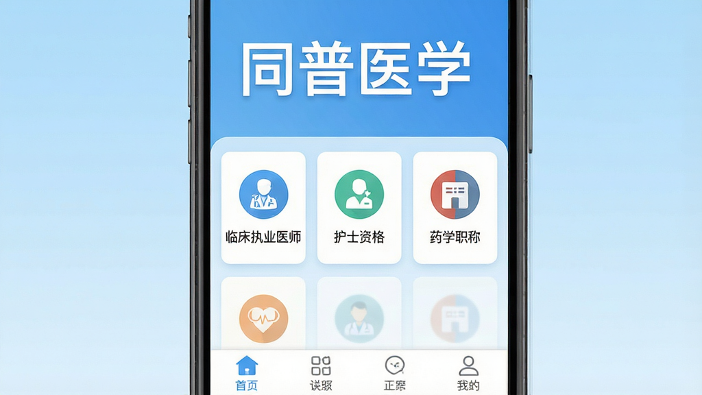 ͬ��ҽѧAPP�������ͼ���ֻ���Ļ����չʾ�������Ǹɾ���ǳ��ɫ���䣬���涥����ʾ��ͬ��ҽѧ���ĸ���ɫ���֣��м���ҽѧ�����࿨Ƭ���������ٴ�ִҵҽʦ��������ʿ�ʸ񡱡���ҩѧְ�ơ���ͼ�꣬�ײ��������������������ִ���ƽ���������������޶�������Ԫ��