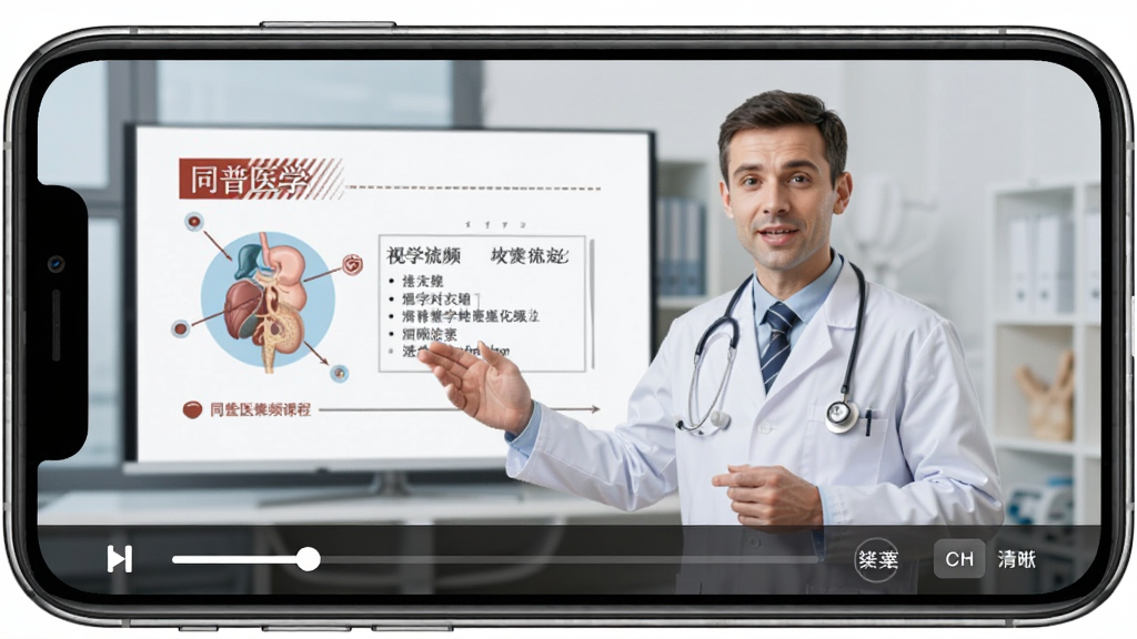 ͬ��ҽѧ��Ƶ�γ̲��Ž��棬�ֻ�������ʾ��������һλ���Ű״�ӵ���ʦ���ڽ���ҽѧ֪ʶ�㣬�Ա���PPT�μ�չʾ���ײ��в��Ž�������������ѡ������࣬���רҵ����������
