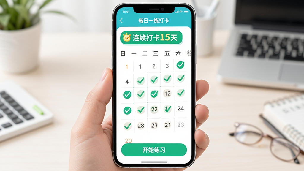 ͬ��ҽѧÿ��һ���򿨽��棬�ֻ���Ļ��ʾ��������ͼ���������ڱ������ɫ�Թ��������С�������15�족�Ĺ�����ײ��С���ʼ��ϰ����ť��������ɫ���£������ã����ʸɾ�