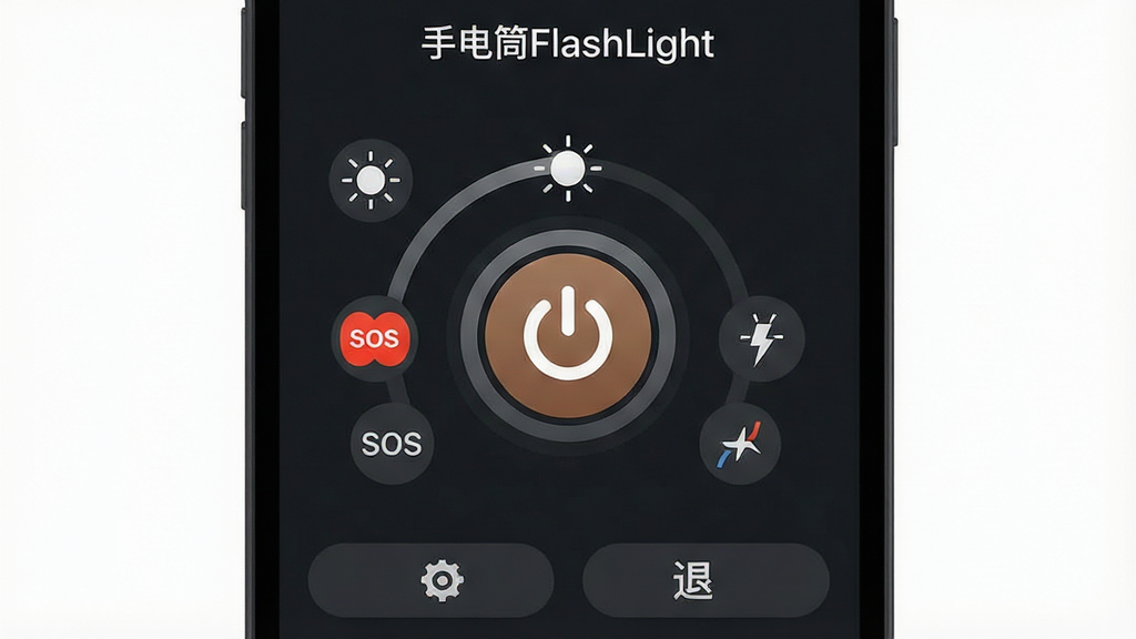 �ֵ�ͲFlashLight �ֻ�Ӧ��������չʾ����ɫ������������һ����Ŀ��Բ�ε�Դ���ذ�ť����ť��Χ���������ȵ��ڻ����SOS��˸��Ƶ��ģʽ�ȿ��ͼ�꣬������ʾӦ�����ơ��ֵ�ͲFlashLight�����ײ������ú��˳�ѡ����岼�ּ��ֱ�ۣ�����ִ���ƽ����ϸ��Բ�󣬻��ʸɾ��������޶���Ԫ��