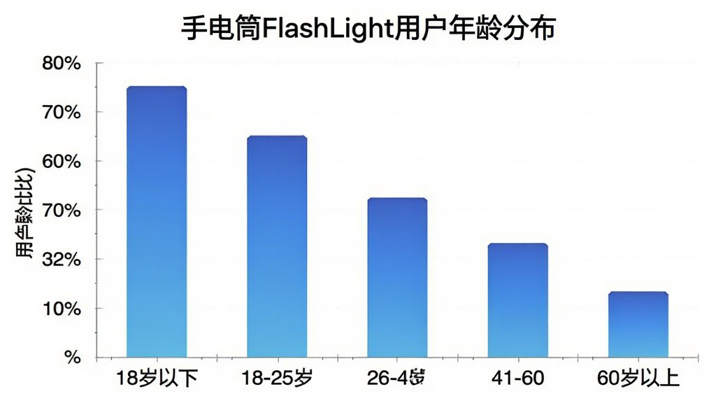 �ֵ�ͲFlashLight �û�����ֲ���״ͼ������Ϊ����Σ�18�����¡�18-25�ꡢ26-40�ꡢ41-60�ꡢ60�����ϣ�����Ϊ�û�ռ�Ȱٷֱȣ���״ͼ��ɫΪ��ɫ���䣬ͼ������Ϊ���ֵ�ͲFlashLight�û�����ֲ����������ɾ��������������޶���Ԫ��