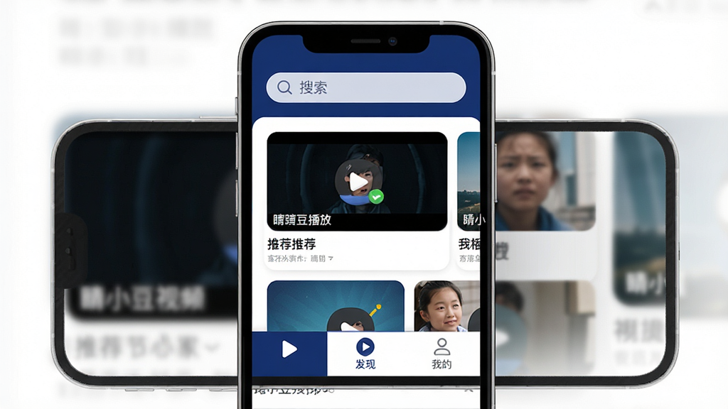 һ��չʾ��С����Ƶ�������������ͼƬ���������ֻ���Ļ����Ļ����ʾ��С��App����ҳ�����ּ�࣬���������������м�����Ƶ�����Ƽ���Ƭ���ײ��ǲ��š����֡��ҵ�����������ť���Ű�Ϊ����չʾ�ֻ������Ϊ�ִ���ƽ����ƣ�ɫ���������Ͱ�ɫΪ����ϸ�ڰ������������ֱ�ǩ��Բ���ͼ��߽ǡ����ʸɾ����޶���Ԫ�ء�