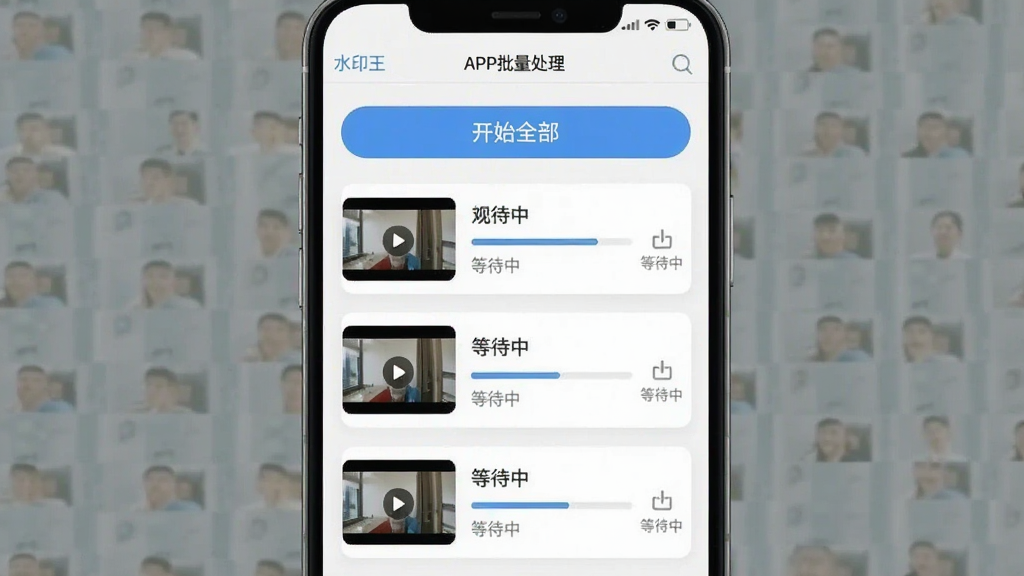 һ�š�ˮӡ����APP��������������ֻ���ͼ����������ʾ��������Ƶ�ļ�������ͼ�б���ÿ���ļ����涼�н������͡��ȴ��С�״̬�������С���ʼȫ������ť��������ÿ�Ƭʽ��ƣ�����࣬���ʸɾ����޶���Ԫ��
