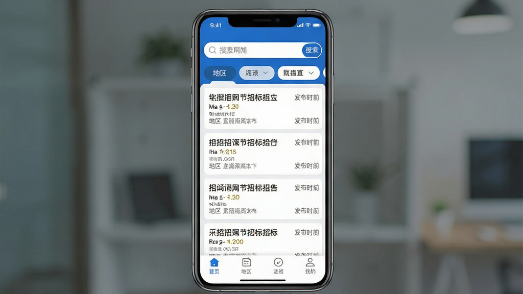 һ��չʾ�������ֻ�APP�������ͼƬ�������������ֻ���Ļ����Ļ����ʾ������APP����ҳ��������������͵���ɸѡ��ǩ���м����������б깫���б���ÿ����Ϣ�������˱��⡢�����ͷ���ʱ�䣬�ײ��е����������������ִ�������ɫ�Ͱ�ɫΪ��ɫ���������������������������ʸɾ����޶���װ��Ԫ�ء�
