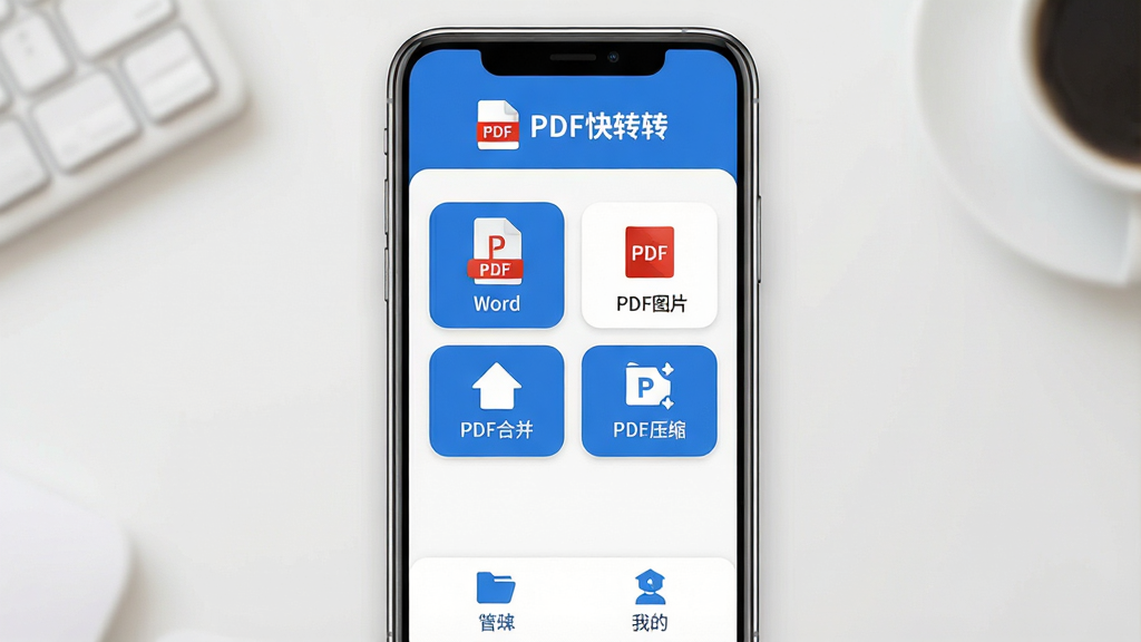 һ��չʾPDF��ת�ֻ�Ӧ�����������ϸͼƬ������������һ�������ֻ�����Ļ��ʾPDF��תӦ�ý��棬���涥����PDF��ת���ֱ�ʶ���м����ļ�ת������ͼ����󣬰���PDFתWord��PDFתͼƬ��PDF�ϲ���PDFѹ���Ȱ�ť���ײ����ļ��������ҵ�ҳ����ڣ��������������ɫ�����ּ������������ִ���ƽ����ϸ��Բ�󣬻��ʸɾ����޶���Ԫ��