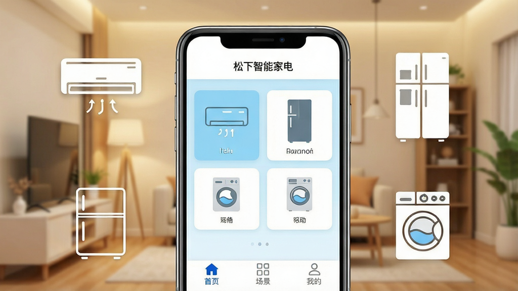 一张展示松下智能家电APP核心全貌的图片。主体是一个智能手机屏幕,屏幕上显示着松下智能家电APP的主界面,界面以白色和浅蓝色为主色调,顶部有“松下智能家电”文字标识,中间区域排列着空调、冰箱、洗衣机等家电设备卡片图标,底部有“首页”“场景”“我的”三个选项卡。手机周围环绕着空调、冰箱、洗衣机等家电的简约线条图标,背景是温馨的现代家居环境,风格扁平清爽,画质干净,无多余元素。