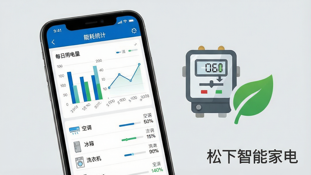 一张展示松下智能家电APP能耗管理功能的图片。画面主体是一个手机屏幕,屏幕上显示着松下智能家电APP的能耗统计页面,有柱状图和折线图展示每日用电量,下方有“空调”“冰箱”“洗衣机”等设备的耗电排名列表。手机旁边放着一个电表图标和一个绿色的树叶图标,象征节能环保。背景是浅灰色,风格简洁数据可视化,画质干净,无多余元素,图片中文字显示“松下智能家电”。