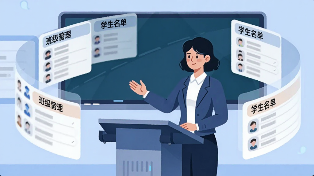 һ��AI���ɵĲ廭������������һλ��ʦվ�����ֻ���̨ǰ����ǰ�����Ŷ���༶��Ƭ�������б������ֳʻ���ʽ���Ű��в�θУ����Ϊ�Ƽ��б�ƽ�廭��ϸ�ڰ�����Ƭ��д�š��༶��������ѧ�������������������ʸɾ��������޶���Ԫ��