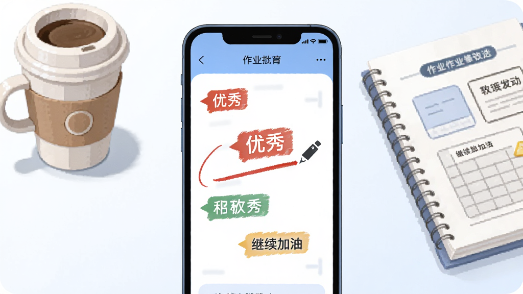 һ��AI���ɵĲ廭������������һ���ֻ���Ļ��ʾ��ҵ���Ľ��棬��Ļ���к�ɫ���ıʼ��͡����㡱���������͡��������ǩ�����־��У��Ű����������Ϊ�ִ������Ƽ��磬ϸ�ڰ����ֻ��Է��ſ��ȱ��ͽ̰��������ʸɾ��������޶���Ԫ��
