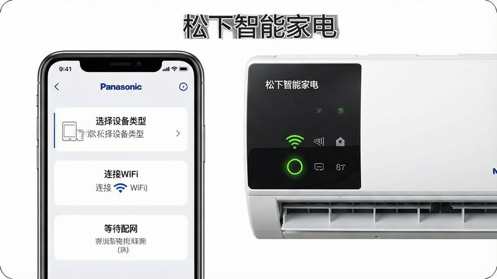 一张展示松下智能家电APP配网操作步骤的图片。画面主体是一部手机,屏幕上显示着松下智能家电APP的添加设备页面,有“选择设备类型”“连接WiFi”“等待配网”三个步骤指示。手机旁边有一台松下空调,空调面板上的WiFi指示灯正在闪烁。背景是简洁的白色,风格教程图解,画质干净,无多余元素,图片中文字显示“松下智能家电”。