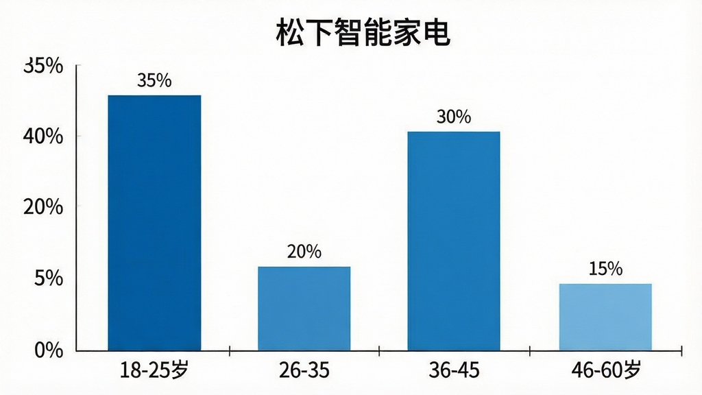 一张展示松下智能家电APP用户年龄分布的柱状图图片。图表横轴为年龄段,分为18-25岁、26-35岁、36-45岁、46-60岁四个区间,纵轴为用户占比百分比。柱状图显示26-35岁占比最高约35%,36-45岁约30%,18-25岁约20%,46-60岁约15%。图表配色为蓝色系,背景白色,风格简洁数据可视化,画质干净,无多余元素,图片中文字显示“松下智能家电”。