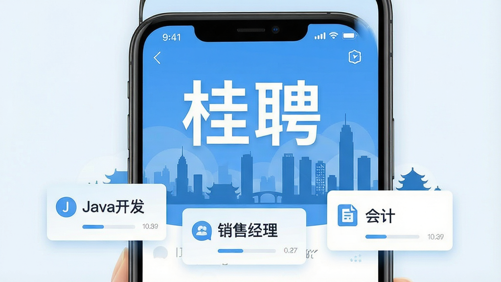 一张手机屏幕展示招聘App主界面的图片,画面中央是“桂聘”两个大字,背景是广西南宁的城市天际线剪影,前景漂浮着各种职位卡片如“Java开发”“销售经理”“会计”,整体色调为清新的蓝白色,风格现代扁平,细节干净,画质清晰,无多余元素