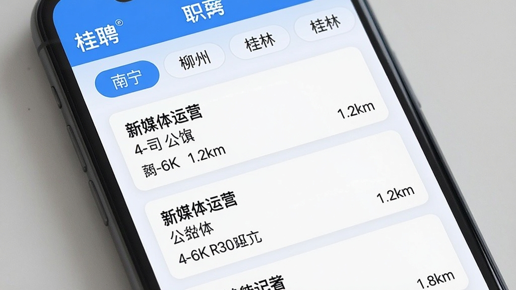 手机屏幕显示“桂聘”App的职位列表界面,列表按距离远近排序,顶部有“南宁”“柳州”“桂林”等城市标签,每个职位卡片显示职位名称、公司名、薪资范围和距离,例如“新媒体运营 4-6K 1.2km”,界面风格简洁明快,蓝白配色,文字清晰,画质干净无多余元素