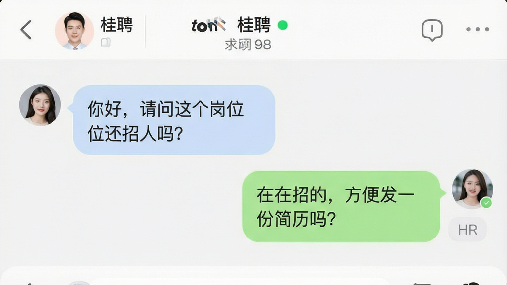 一张手机聊天界面截图风格图片,展示“桂聘”App内的直聊场景,左侧是求职者发送的消息“你好,请问这个岗位还招人吗?”,右侧是企业HR回复“在招的,方便发一份简历吗?”,顶部显示公司名称和在线状态,界面风格为现代社交软件样式,气泡对话框圆润,配色柔和,画质清晰干净
