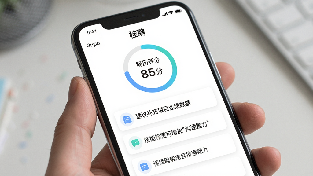 手机屏幕显示“桂聘”App的简历优化建议页面,页面顶部有“简历评分85分”的环形图,下方列出几条优化建议如“建议补充项目业绩数据”“技能标签可增加‘沟通能力’”,界面设计简洁,以卡片形式展示建议,配色清爽,画质干净