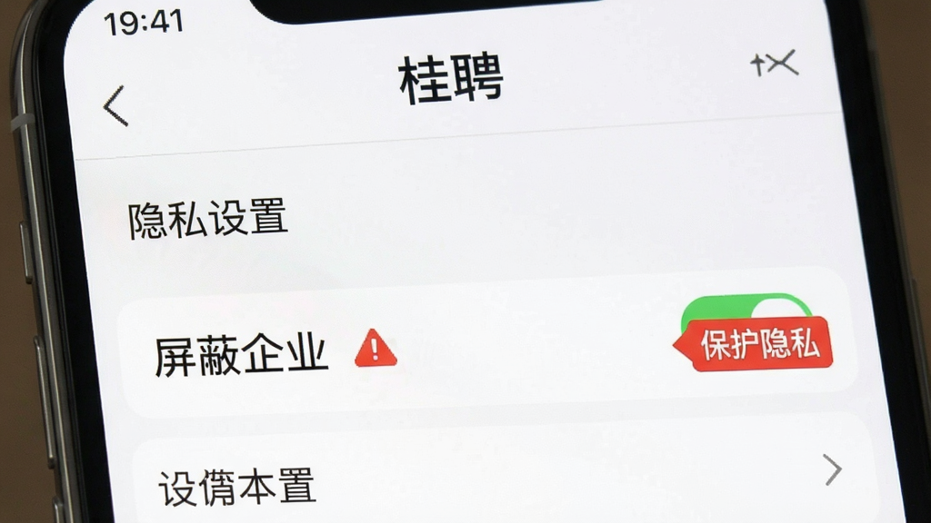 一张手机界面截图,展示“桂聘”App的隐私设置页面,页面内有“屏蔽企业”选项已开启,旁边有红色提示标签写着“保护隐私”,背景是设置菜单列表,风格简洁明了,画质清晰