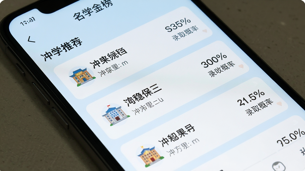 һ���ֻ������ͼ��չʾ����ѧ���APP�������Ƽ�ҳ�棬��Ļ����ʾ���ȱ�����ԺУ�б���ÿ��ԺУ�Ա���¼ȡ���ʰٷֱȣ�����Ϊ����ɫ����������������࣬���ʸɾ����޶���Ԫ��