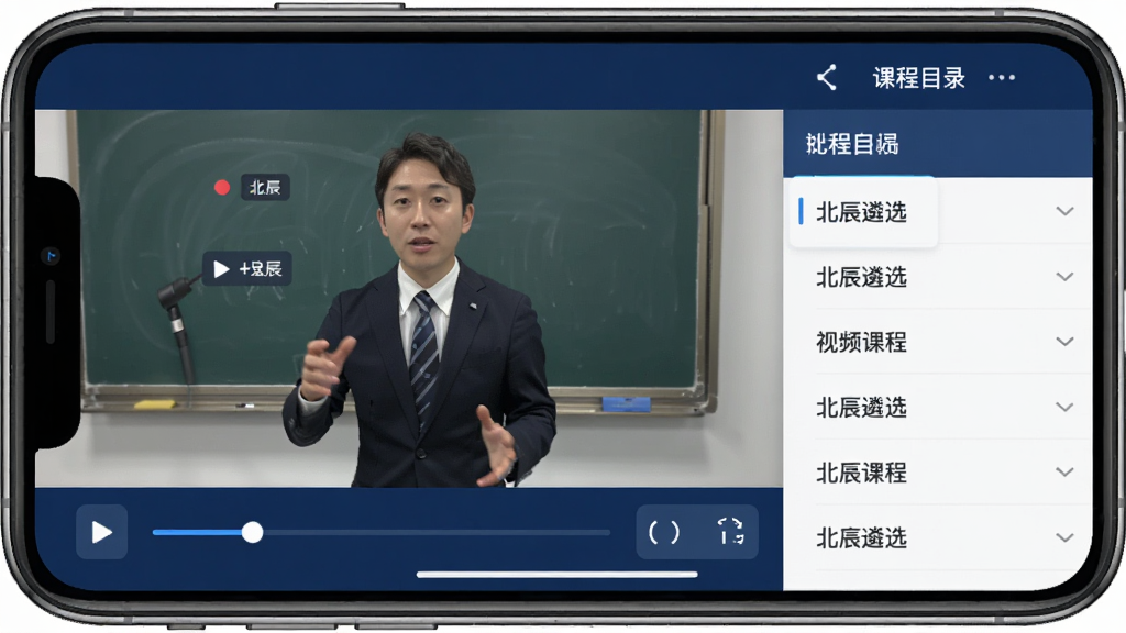 ������ѡAPP��Ƶ�γ̲��Ž��棬�ֻ�������ʾ��ʦ���λ��棬�·��в��Ž������ͱ��ٰ�ť���Ҳ��пγ�Ŀ¼�б�������������ɫΪ��ɫ���������רҵ�����������޶���Ԫ��