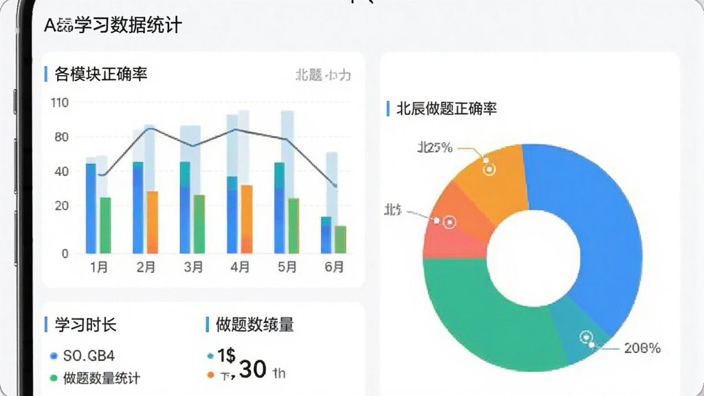 ������ѡAPPѧϰ����ͳ��ҳ�棬�ֻ���Ļչʾ��״ͼ�ͱ�״ͼ����ʾ��ģ��������ȷ�ʷֲ����·���ѧϰʱ������������ͳ�ƣ������԰�ɫ����Ϊ����ͼ����ɫ����������������ִ������ʸɾ��޶���Ԫ��