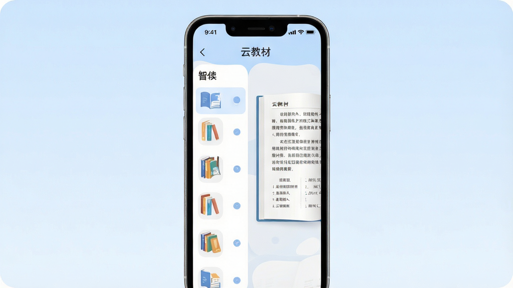 一张展示“云教材”App核心界面的手机模型图,主体为一部竖屏智能手机,屏幕内显示清爽的电子教材阅读界面,左侧是书架列表,右侧是翻开的教材内页,布局简洁,排版清晰,风格现代扁平化,细节圆润,画质干净无多余元素,背景为柔和的浅蓝色渐变。