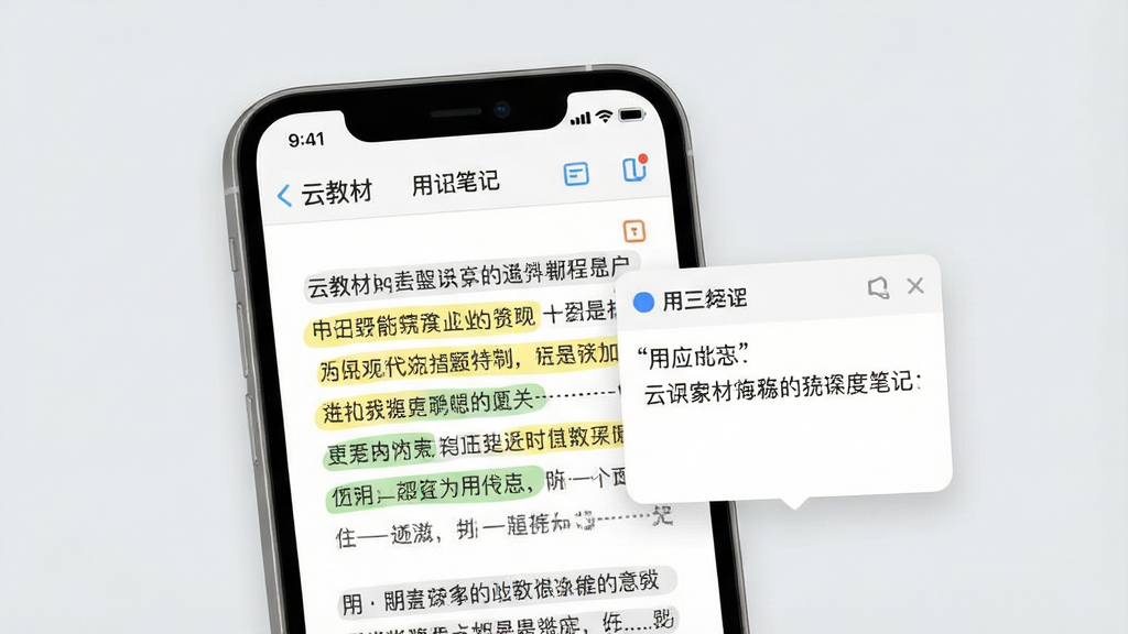一张展示“云教材”App笔记功能的图片,主体为手机屏幕,屏幕内显示一段被高亮标注的教材文字,旁边弹出一个小窗口显示用户输入的笔记内容,布局简洁,排版清晰,风格现代扁平化,细节圆润,画质干净无多余元素,背景为浅灰色。