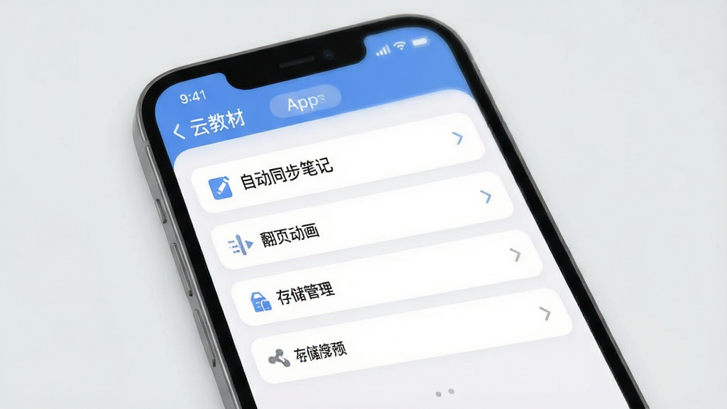 一张展示“云教材”App设置界面的图片,主体为手机屏幕,屏幕内显示各种设置选项,包括“自动同步笔记”、“翻页动画”、“存储管理”等,布局清晰,排版整齐,风格现代扁平化,细节圆润,画质干净无多余元素,背景为浅灰色。