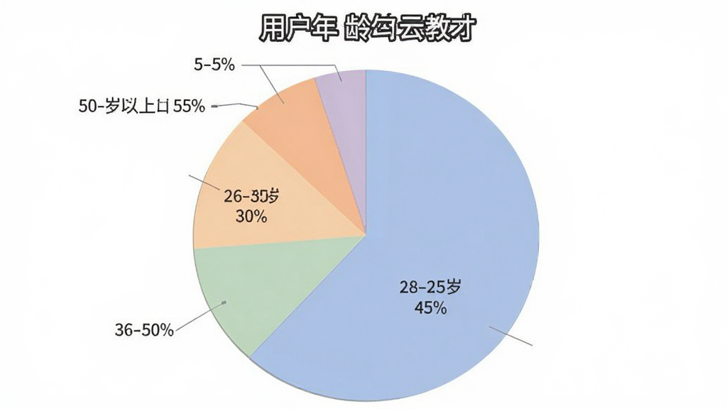 一张展示“云教材”用户年龄分布的饼状图,主体为图表,显示18-25岁占比45%,26-35岁占比30%,36-50岁占比20%,50岁以上占比5%,布局清晰,排版简洁,风格现代扁平化,色彩柔和,画质干净无多余元素,背景为白色。