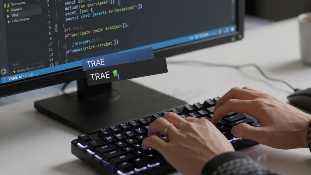 一张展示TRAE AI智能代码补全功能的图片,主体是一个程序员的手正在敲击键盘,屏幕上显示着代码编辑器,光标处弹出“TRAE”的智能补全建议框,布局为特写镜头,风格是真实工作场景,细节上键盘有背光,屏幕代码有高亮,画质清晰,干净,无多余元素