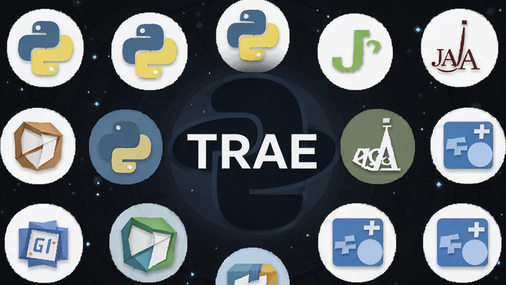 一张展示TRAE多语言支持的图片,主体是一个圆形图标阵列,中间是“TRAE”的Logo,周围环绕着Python、JavaScript、Java、Go等语言的图标,布局为放射状排列,风格是科技感图标设计,细节上图标有轻微立体感,背景是深色星空,画质清晰,干净,无多余元素