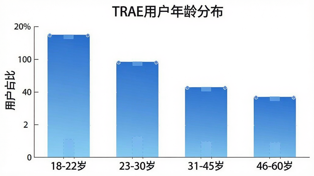 一张展示TRAE用户年龄分布的柱状图图片,主体是一个柱状图,横轴标注“18-22岁”、“23-30岁”、“31-45岁”、“46-60岁”,纵轴标注“用户占比”,柱子高度显示18-22岁占比最高,布局为简洁的数据图表,风格是扁平化信息图,细节上柱子颜色为渐变蓝,画质清晰,干净,无多余元素