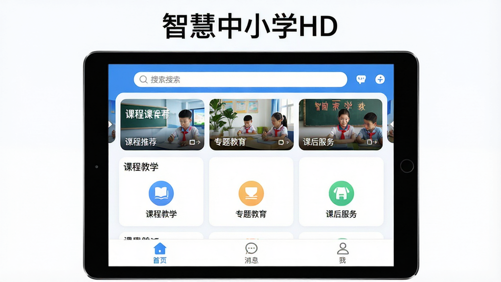 智慧中小学HD软件主界面全貌展示,主标题文字“智慧中小学HD”,画面主体为平板电脑横屏显示教育应用首页,布局包含顶部搜索栏、轮播课程推荐图、中部“课程教学”“专题教育”“课后服务”等分类图标,底部为“首页”“消息”“我”三个选项卡,整体采用蓝白配色,风格清新简洁,细节圆润,画质干净无多余元素