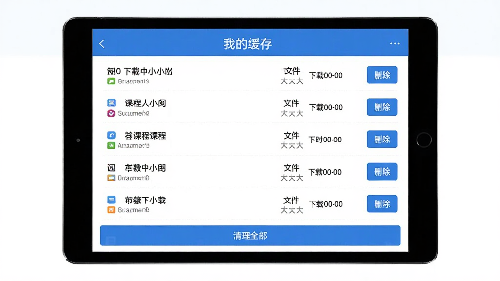 智慧中小学HD离线缓存管理界面展示,画面为平板横屏界面,顶部标题“我的缓存”,下方列表显示已下载课程名称、文件大小和下载时间,右侧有删除按钮,底部有“清理全部”选项,整体蓝白配色,风格简洁,画质干净无多余元素