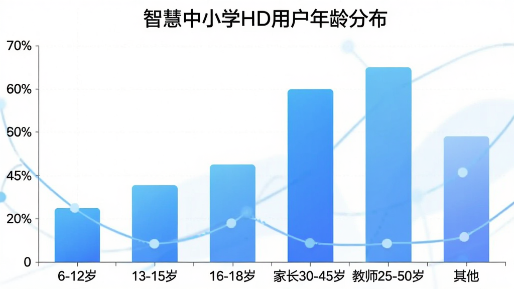 智慧中小学HD用户年龄分布柱状图,横轴为年龄段“6-12岁”“13-15岁”“16-18岁”“家长30-45岁”“教师25-50岁”“其他”,纵轴为用户占比百分比,柱状图颜色为蓝色渐变,顶部标题“智慧中小学HD用户年龄分布”,风格简洁数据可视化,画质干净无多余元素