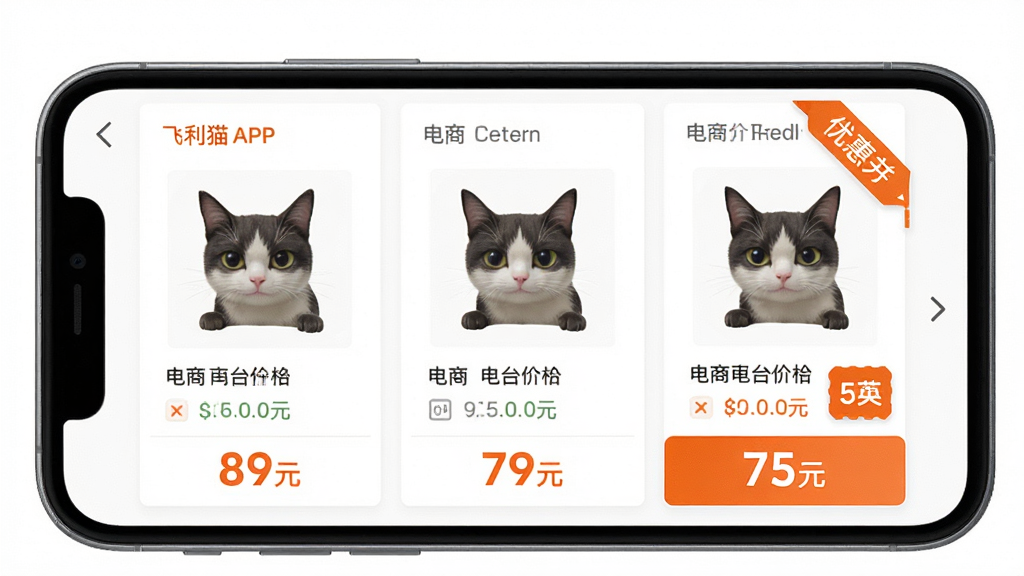 ����èAPP��ҳչʾȫ���ȼ۹��ܣ��ֻ���Ļ������ʾͬһ����Ʒ��������ͬ����ƽ̨�ļ۸�Աȣ����ƽ̨���89Ԫ���м�ƽ̨���79Ԫ���Ҳ�ƽ̨���75Ԫ�������Ż�ȯ��ǩ�������ó�ɫ������ͼۣ���ɫ��������ƽ����ƣ��������������ʸɾ��޶���Ԫ��