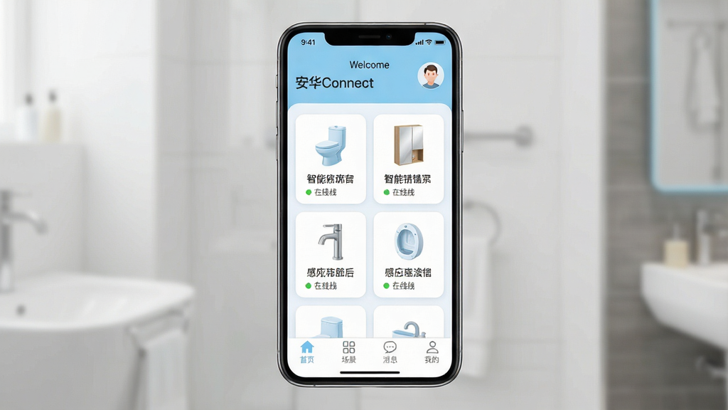 һ��չʾ����Connect�ֻ�Ӧ���������ͼƬ������������һ�������ֻ�����Ļ����ʾ�Ű���Connect��App���棬�����԰�ɫ��ǳ��ɫΪ��ɫ���������л�ӭ����û�ͷ���м���������������������Ͱ�����ܾ��񡢸�Ӧ��ͷ���豸ͼ�꿨Ƭ��ÿ����Ƭ�·����豸���ƺ�����״̬СԲ�㣬�ײ�����ҳ����������Ϣ���ҵ��ĸ�������ǩ�����岼�ּ����ˬ������ִ���ƽ����ϸ��Բ�����ʣ����ʸɾ��޶���Ԫ�أ�������Ⱦ