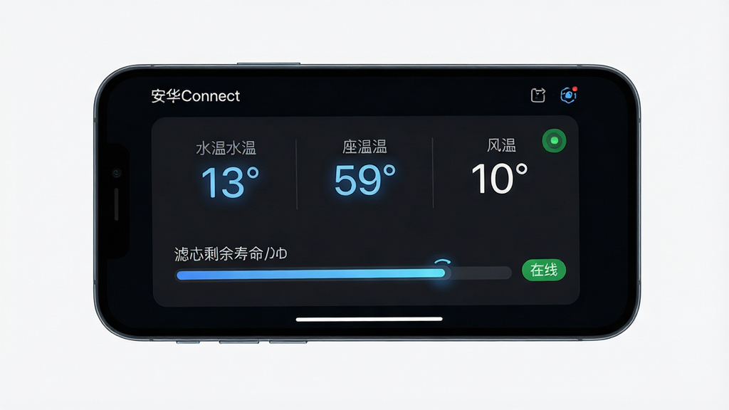 һ��չʾ����Connect�豸״̬��ؽ����ͼƬ��������һ���ֻ�������ʾ����Ļ����һ��������Ͱ����ϸ״̬��壬�������ˮ�¡����¡����µ�ʵʱ�¶����֣�������оʣ�������Ľ��������Ա��С����ߡ���ɫ״̬��ǩ�����汳��Ϊ��ɫģʽ�����ֺ�ͼ�귢����͵���ɫ���Σ����Ƽ���ʮ�㣬ϸ�ھ��£����ʸɾ��޶���Ԫ�أ�������Ⱦ