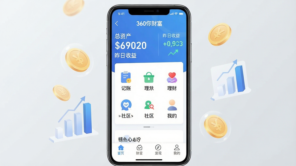 һ��չʾ360��Ƹ�App����ȫò���ֻ������ͼ������������һ�����ŵ������ֻ�����Ļ�ڳ���360��Ƹ���ҳ��������ʾ���ʲ������������棬�в��ǹ���ͼ�����������ˡ����ơ��������ҵģ��ײ�����������ҳ���Ƹ������֡��ҵ��ĸ�ѡ�������ɫ�����µ�����ɫ��Ϊ��������ɾ����࣬������ǳ��ɫ�Ľ���ռ䣬�ֻ���ΧƯ���ż�����͸���Ľ�Һ���״ͼСԪ�أ�����ִ���ƽ���������������޶�������Ԫ�ء�