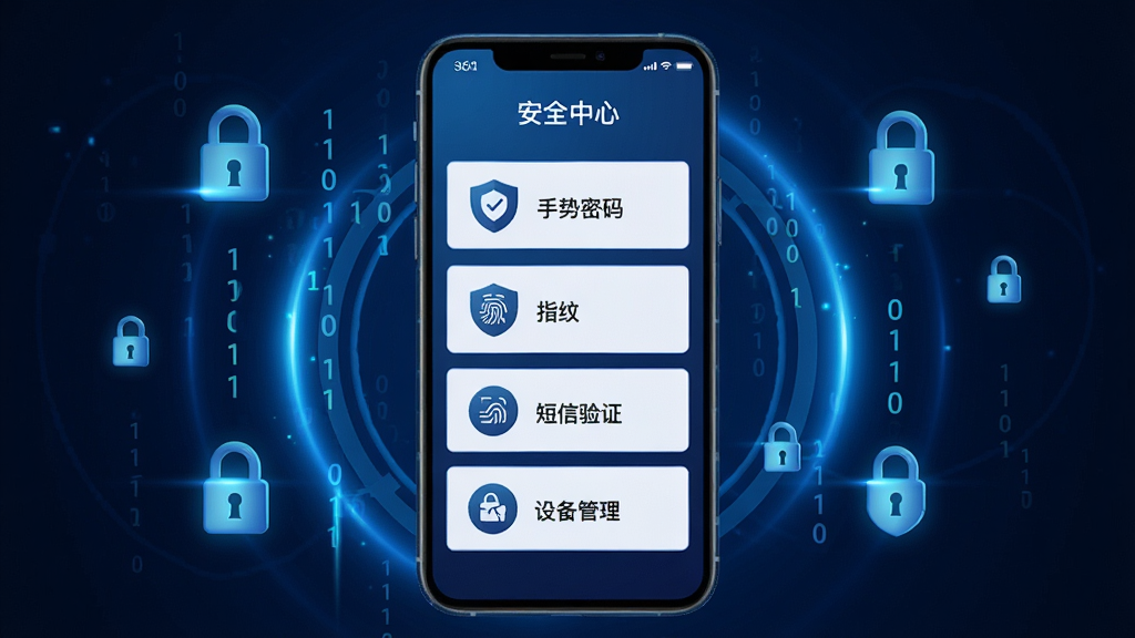 360��Ƹ�App��ȫ��������չʾͼ������������һ���ֻ�����Ļ����ʾ��ȫ����ҳ�棬�����������롢ָ��ʶ�𡢶�����֤���豸�����ĸ���ȫѡ�ÿ��ѡ���Ա��ж��ƻ�����ͼ�꣬�ֻ�����������ɫ�ĿƼ��й��Σ���ΧƯ���ż�������Ķ��������ֺ����η��ţ�������ƫ��ȫ�Ƽ��У����������������޶�������Ԫ�ء�