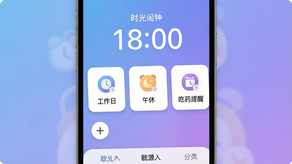 �ֻ���Ļ������ʾ��ʱ�����ӡ�App�����棬�����ǵ�ǰʱ����ֺ���ʾ���м��������������ӿ�Ƭ�ֱ��ע�������ա������ݡ�����ҩ���ѡ����ײ��мӺŰ�ť�ͱ�ǩ������ڣ���������͵����Ͻ��䣬���岼�ּ������������ִ���ƽ����ͼ��Բ�󣬻��ʸɾ��޶���Ԫ��